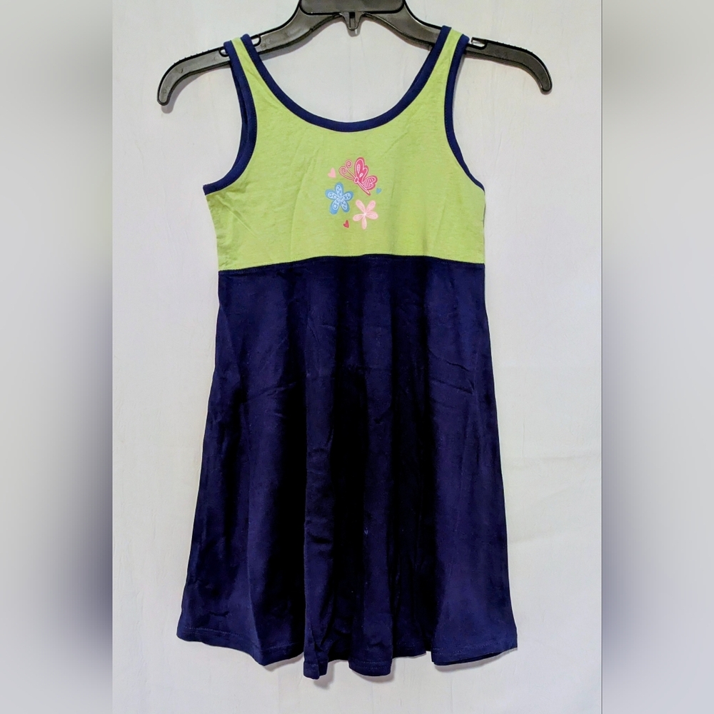 Avon Girls Dress Green Blue Butterfy Flowers Dress Size 7-8